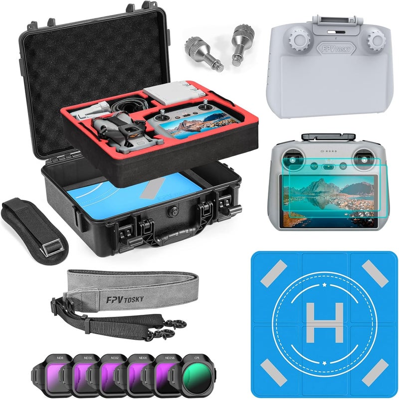FPVtosky مجموعة ملحقات حقيبة صلبة لـ DJI Mini 5 Pro، مجموعة ملحقات الطائرات بدون طيار تشمل حقيبة مزدوجة الطبقات، واقي شمس RC2، حبل، واقي زجاجي مقسى لشاشة RC2، منصة هبوط، مجموعة فلاتر، عصا تحكم (7 في 1) - Image 1